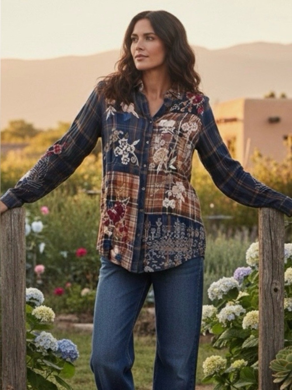 Johnny Was Navy Multi Patchwork Floral Plaid Button-Down